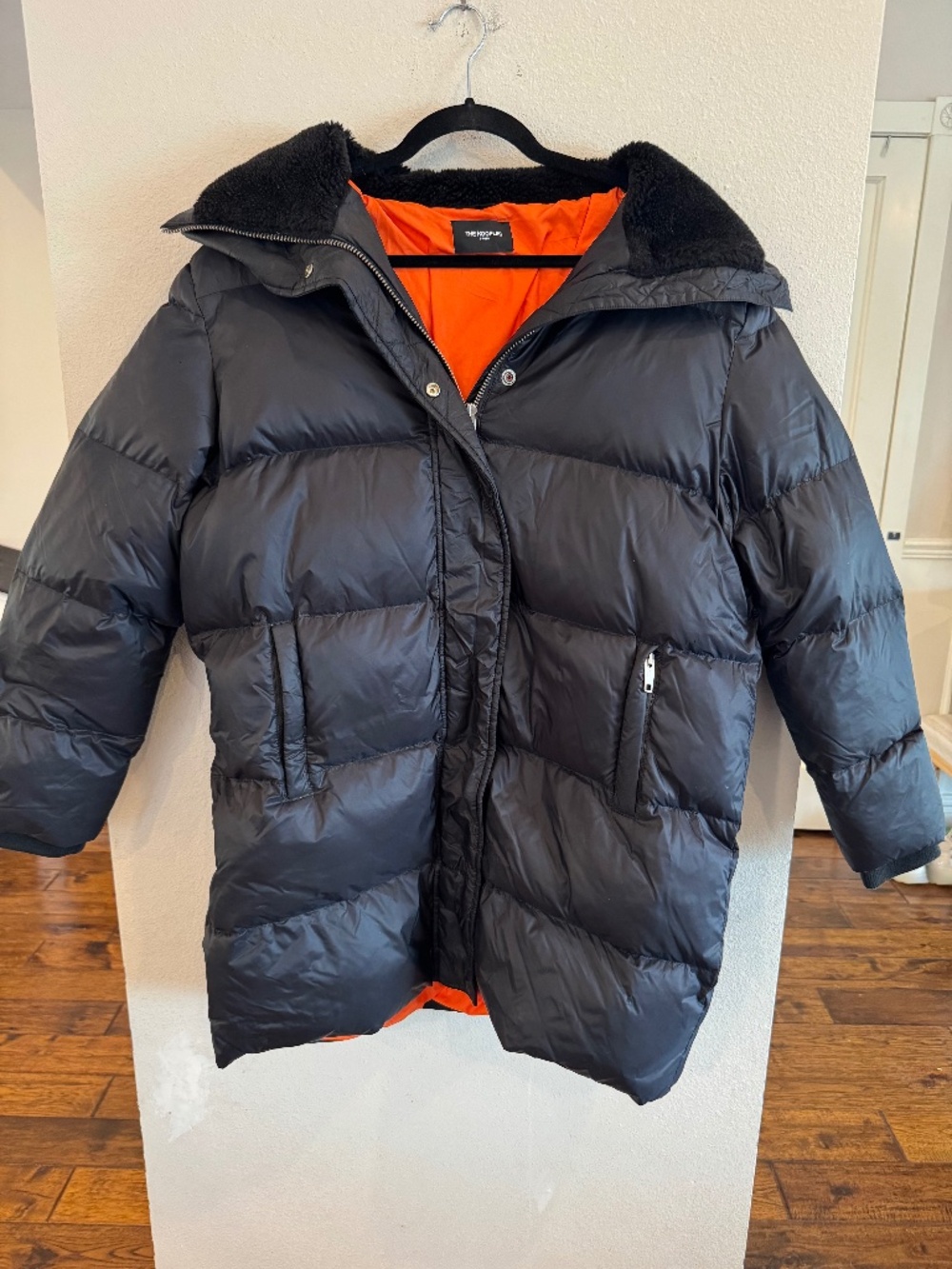 The Kooples Black Puffer Jacket with Orange Lining, Large